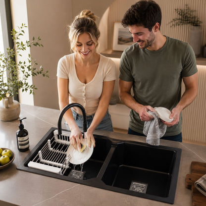 Ruhe Matte Black Quartz Double Bowl Kitchen Sink - 37x18x9 inches