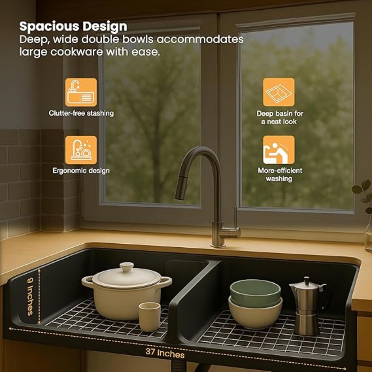 Ruhe Matte Black Quartz Double Bowl Kitchen Sink - 37x18x9 inches