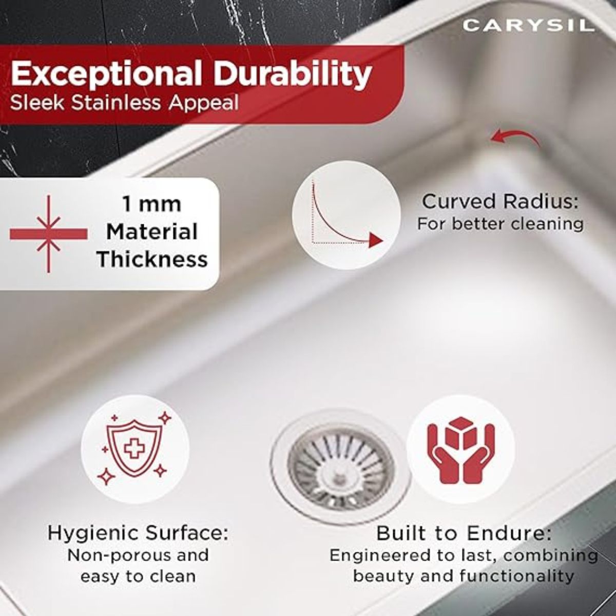 Carysil Elegance Series Single Bowl Kitchen Sink (19x16x7 inches)